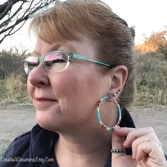 Turquoise 2” Beaded Hoops, New, Handmade by Me - Picture 7 of 7